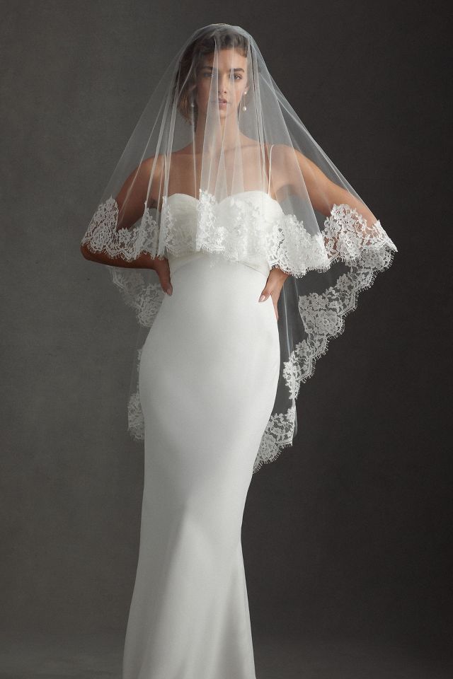 Twigs & Honey Short Bridal Flower Veil with Blusher - Floral Embroidered Short Veil with Blusher - Style #2361