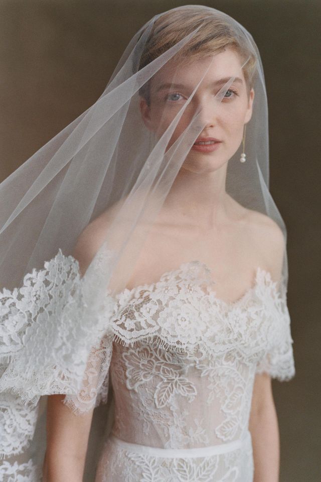 Twigs & Honey Bridal Veil - French Lace Simple Veil with Blusher - Style #787 Cathedral