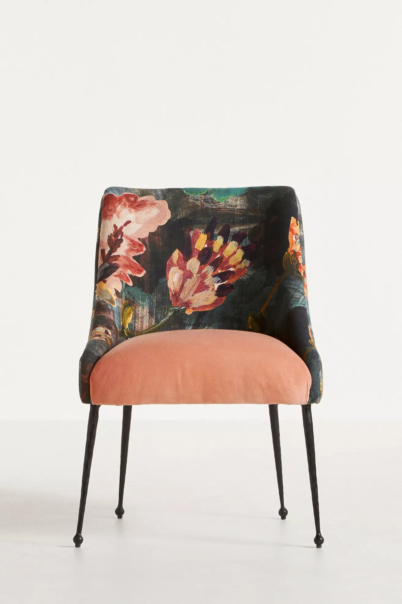Front view of velvet floral dining chair with peach seat