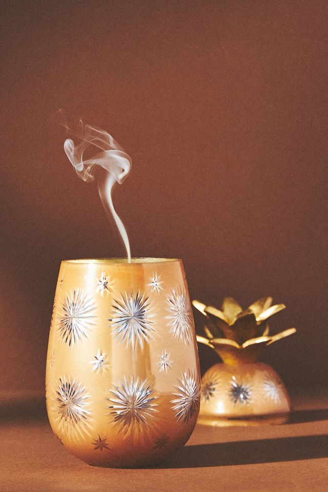 Etched Glass Woody Ambered Topaz Pineapple Candle #1