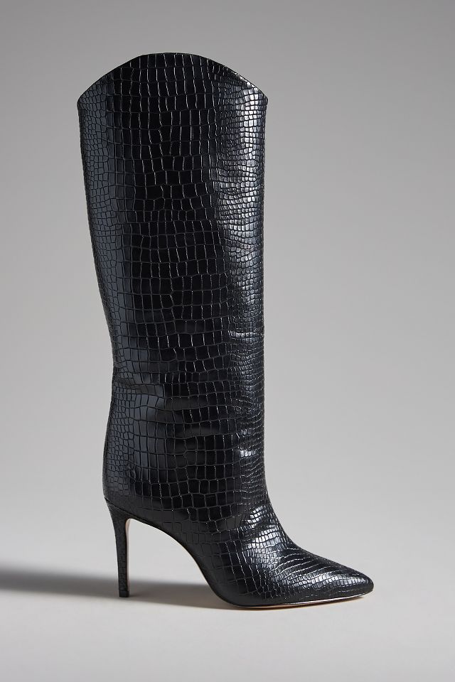 Schutz Maryana Black - Black Leather Boots - Croc-Embossed Boots