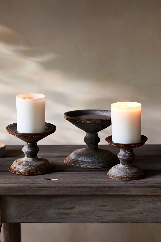 Tall Cast Iron Pillar Candle Holder - Antique Brass