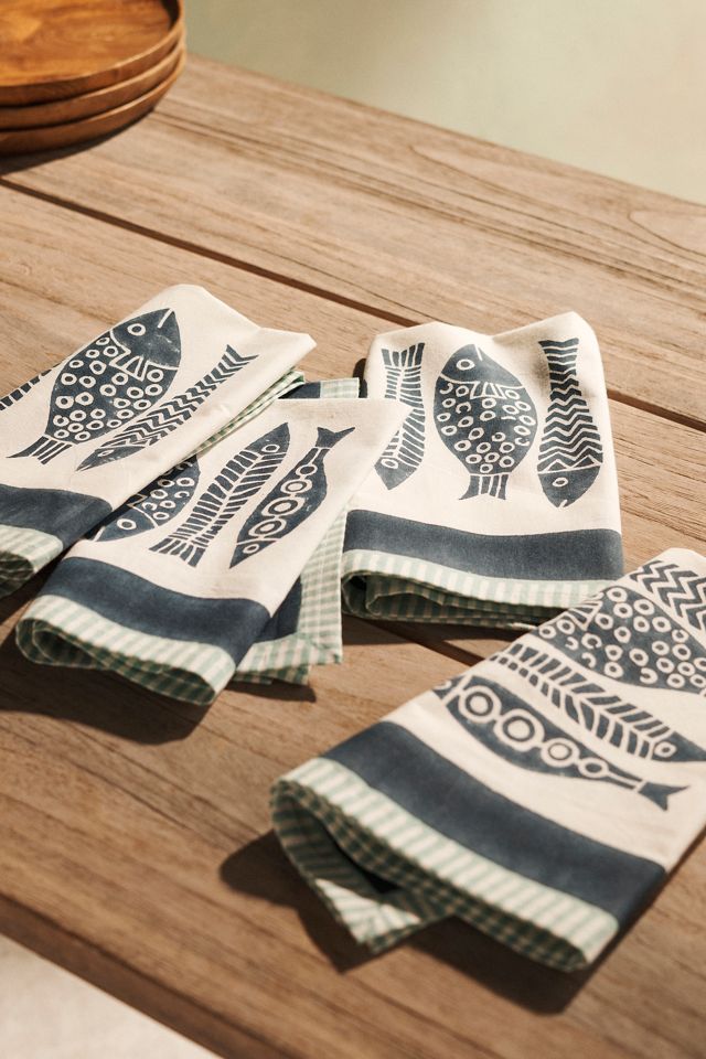 Fish Block Print Napkins, Set of 4