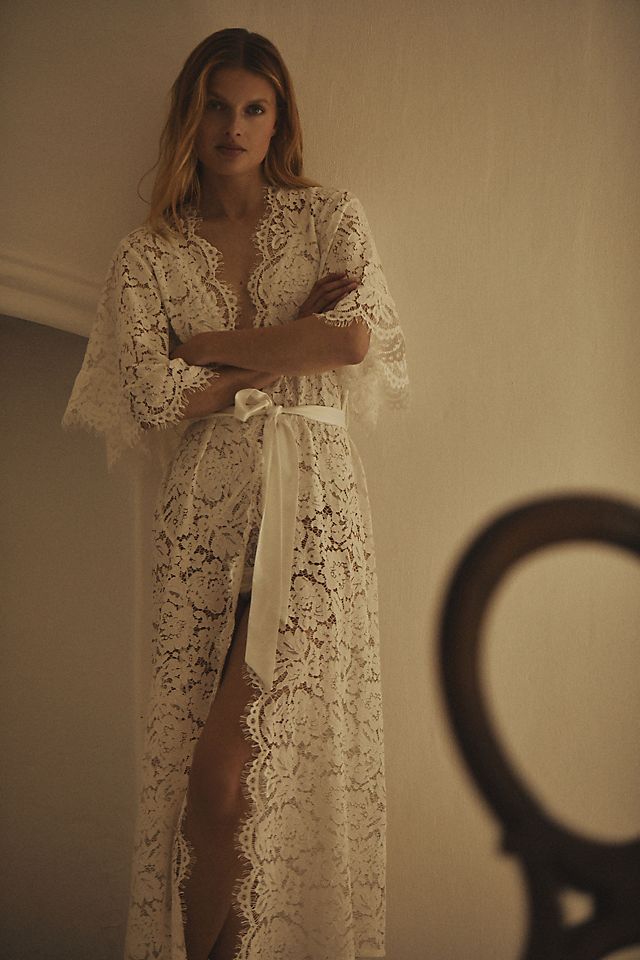 white lace dressing robe Swan Queen - bridal long gown in Ivory Our best selling Swan Queen lace robe is now available in long dressing gown length Homebodii Saskia Long Lace Robe