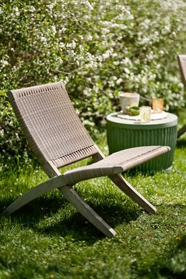 Folding Teak + Wicker Scissor Chair