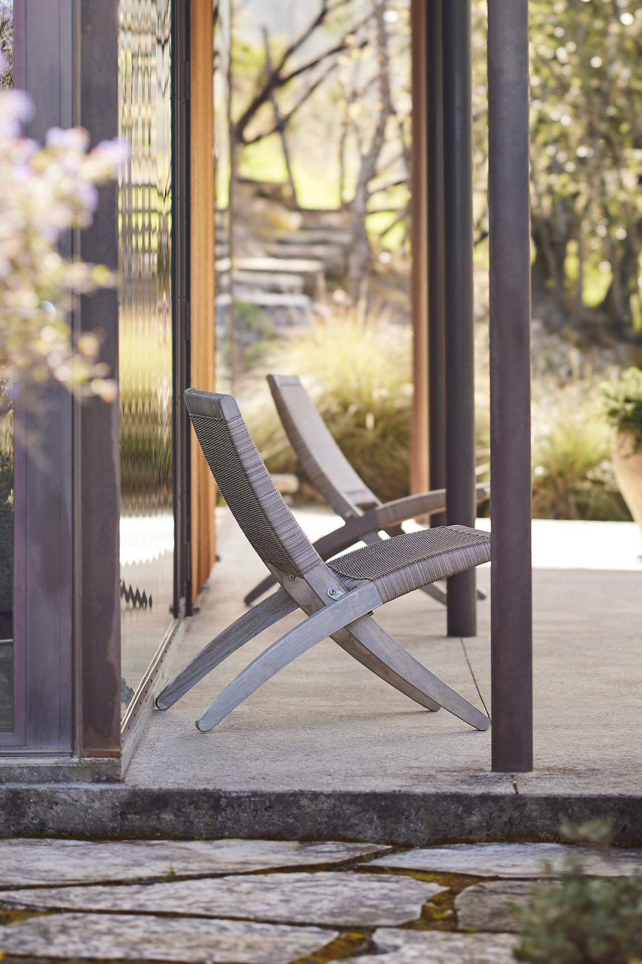 Folding Teak + Wicker Scissor Chair, Neutral