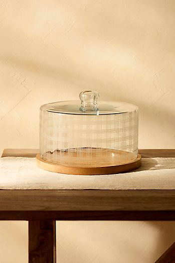 Line Etched Serving Cloche with Wood Base