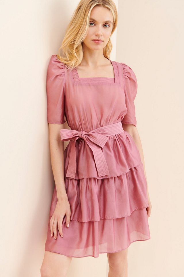strapless open back dress Pink Floral Mesh Dress - Ruffle Layers & Puff Sleeves main image 1