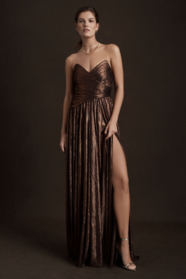 Retroféte Retrofete Waldorf Strapless Metallic Ruched Side-slit A-line Gown In Gold