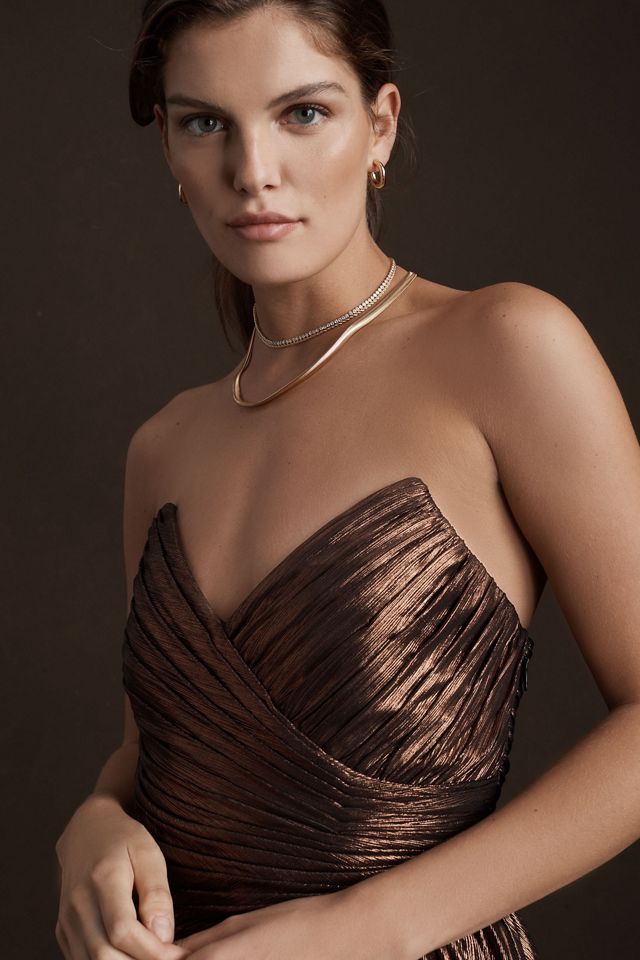 Retrofete Waldorf Strapless Metallic Ruched Side-Slit A-Line Gown |  Anthropologie