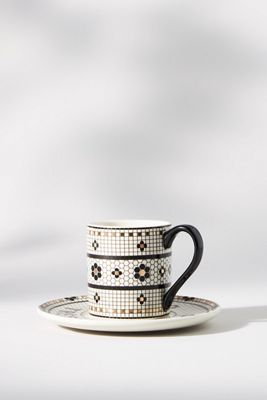 Bistro Tile Stoneware 24k Gold Accent Espresso Cup & Saucer