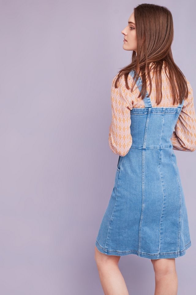 light blue denim pinafore dress Button Denim Midi Pinafore Dress (Light Blue)