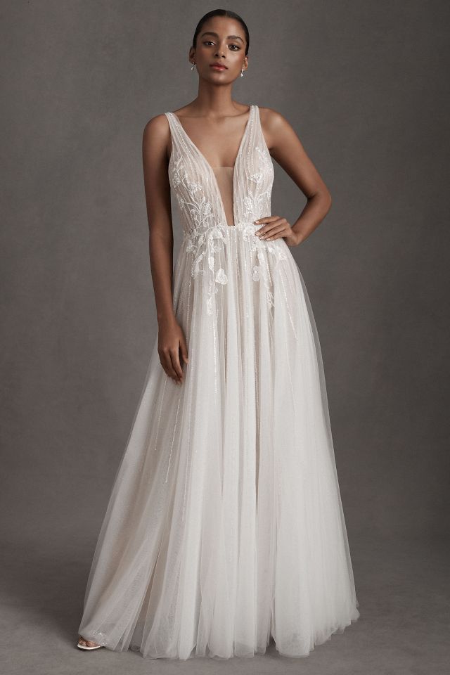 Watters January Plunge Neckline Beaded Tulle Wedding Gown