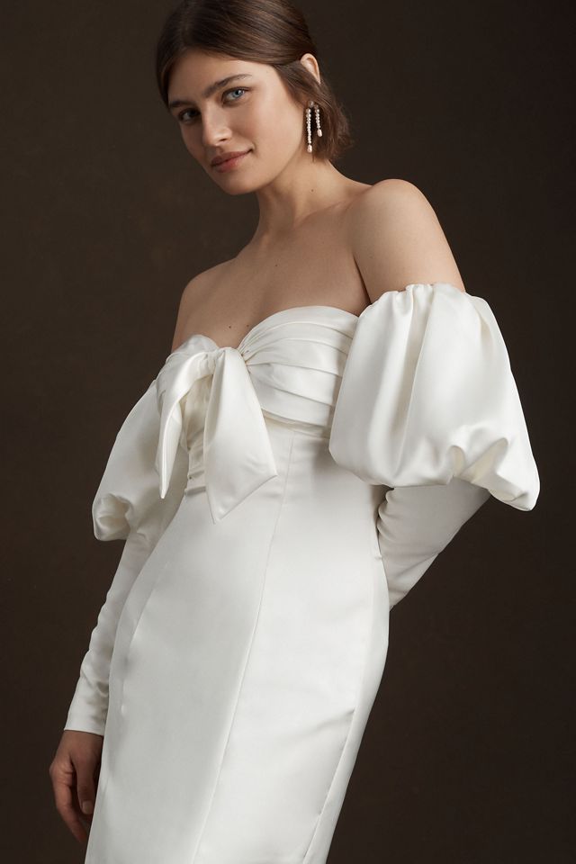 Ronny Kobo Amanda Off-Shoulder Puff-Sleeve Back-Slit Slim Midi Dress #1