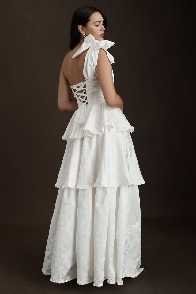 V. Chapman Grace One-Shoulder Tiered Front-Slit Floral Satin Gown #2