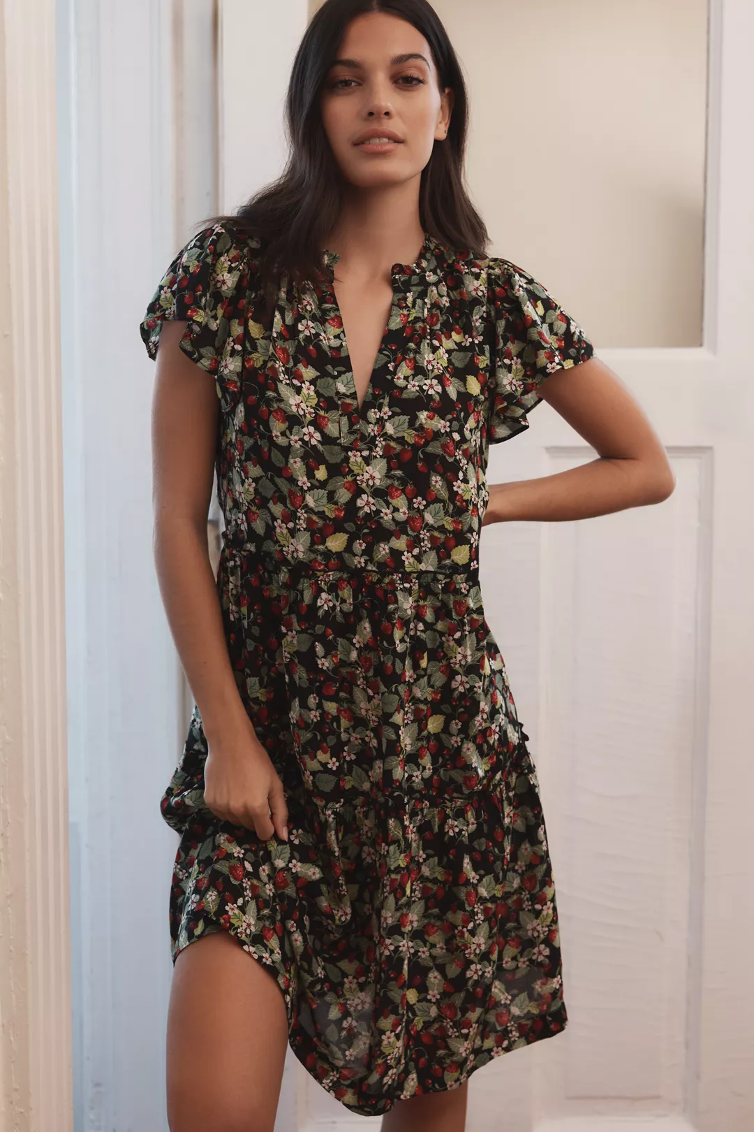 A strawberry- and floral-print mini dress