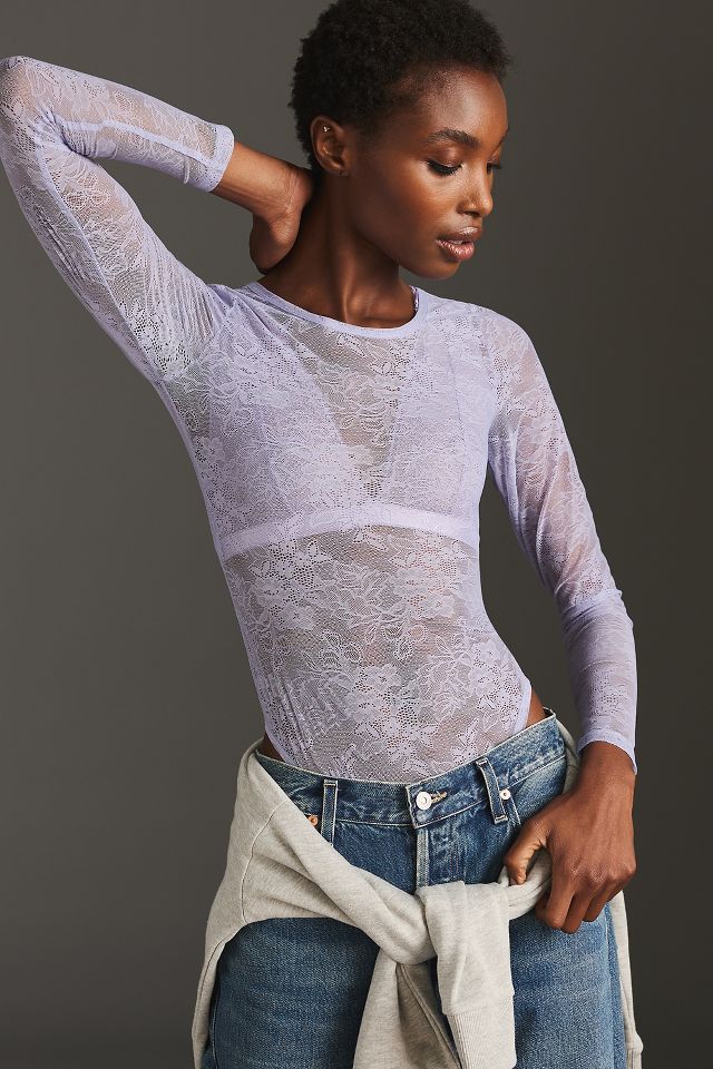 By Anthropologie Sheer Lace Long-Sleeve Bodysuit