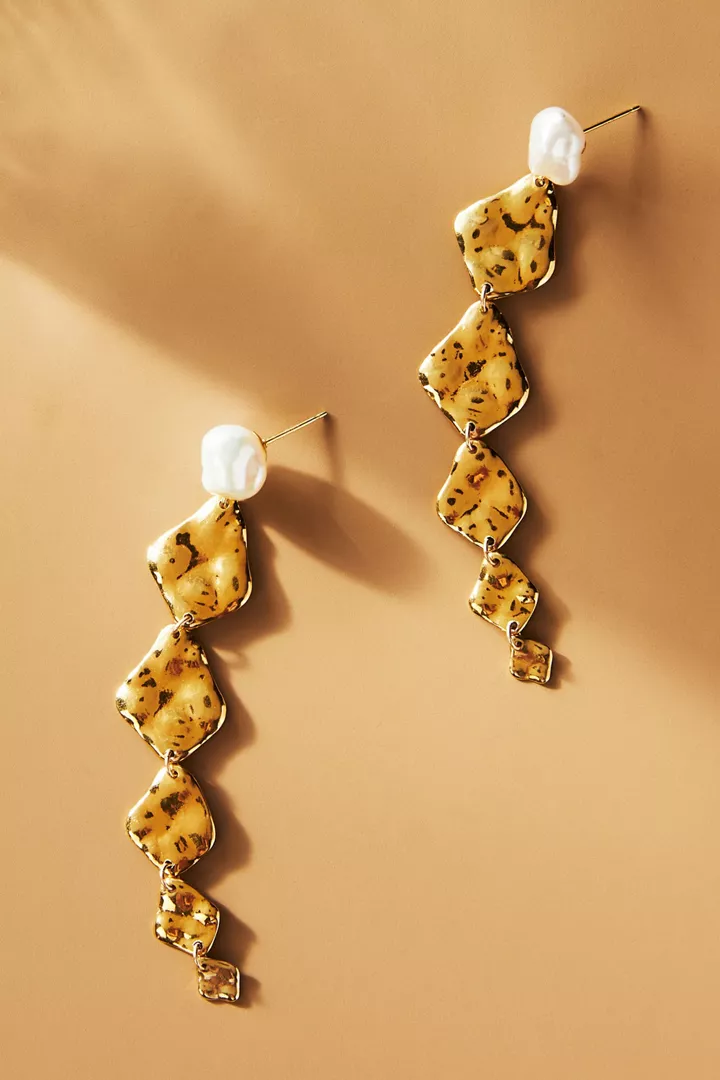 Chan Luu Six Tiered Gold and White Pearl Drop Earrings