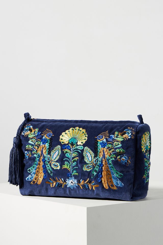 anthropologie N monogram makeup bag pouch blue 8x6x1.25”