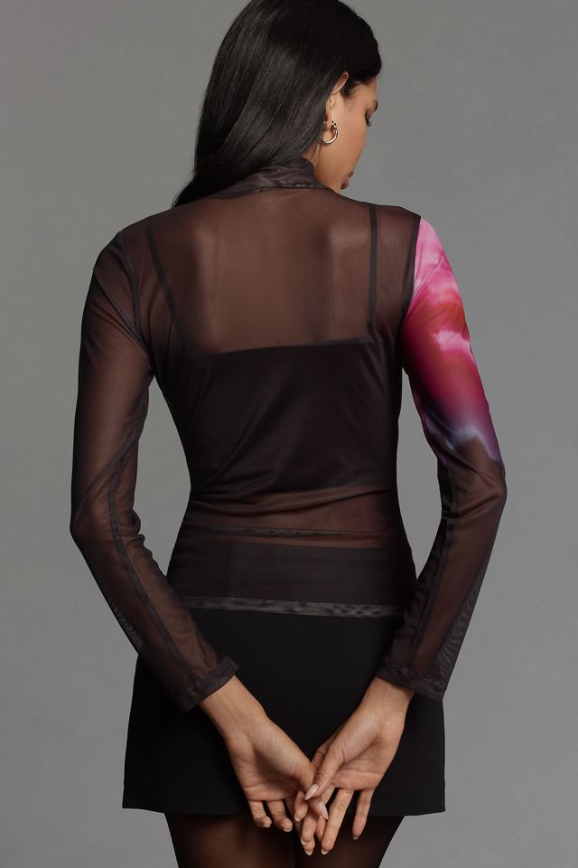 Maeve Mesh Long-Sleeve Turtleneck Top #1