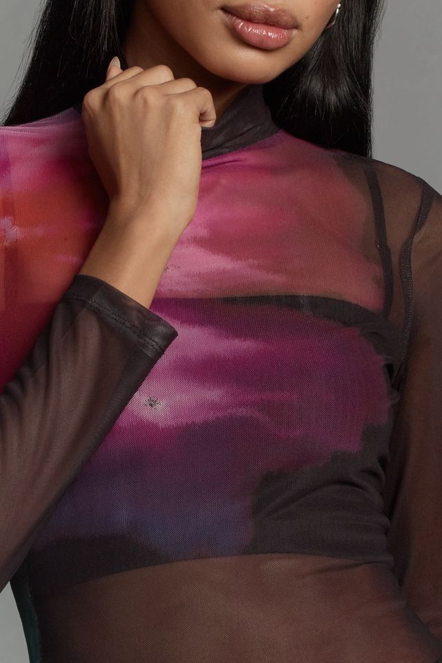 Maeve Mesh Long-Sleeve Turtleneck Top #3