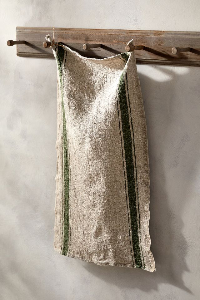 Green Stripe Vintage Linen Kitchen Towel