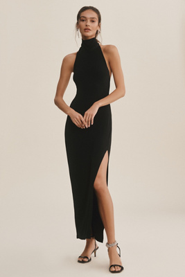 Norma Kamali Halter Turtleneck Side Slit Dress In Black