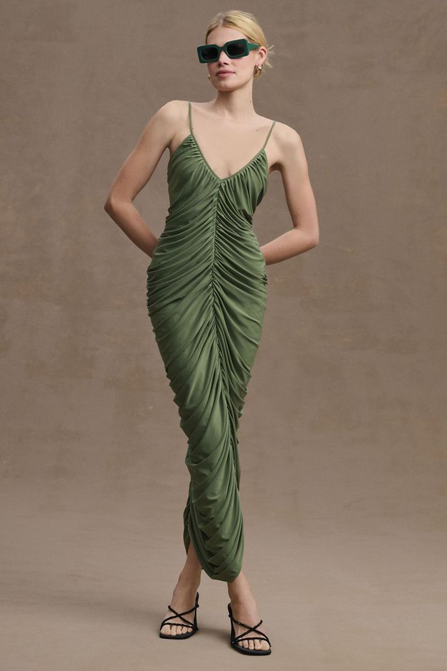 Norma Kamali Diana Deep-V Shirred Slip Midi Dress | Anthropologie