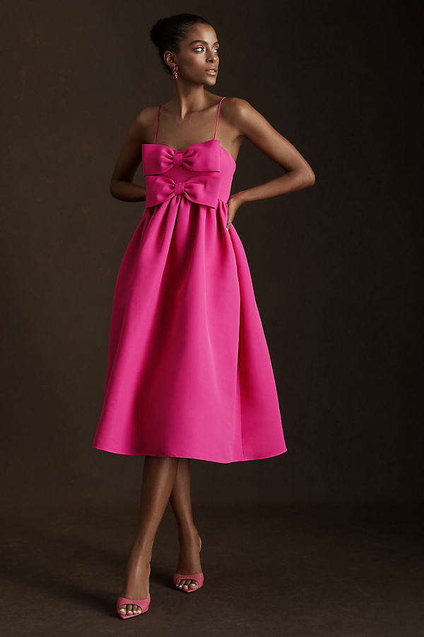 Sloane Taffeta Double-bow Pleated Midi Dress In Pink