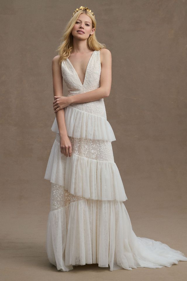 BHLDN Otto V Neck Tiered Tulle Wedding Gown