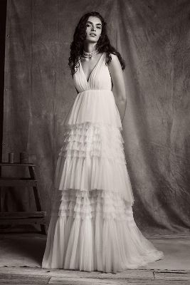 BHLDN Tinka Tiered V Neck Tulle Wedding Gown Anthropologie