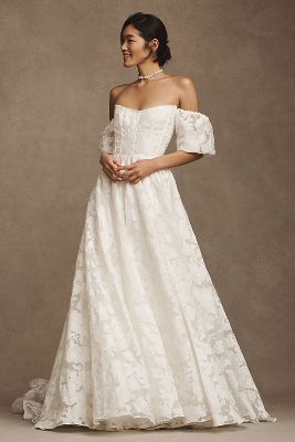 Watters Glimpse Long-Sleeve Off-The-Shoulder Corset Wedding Gown