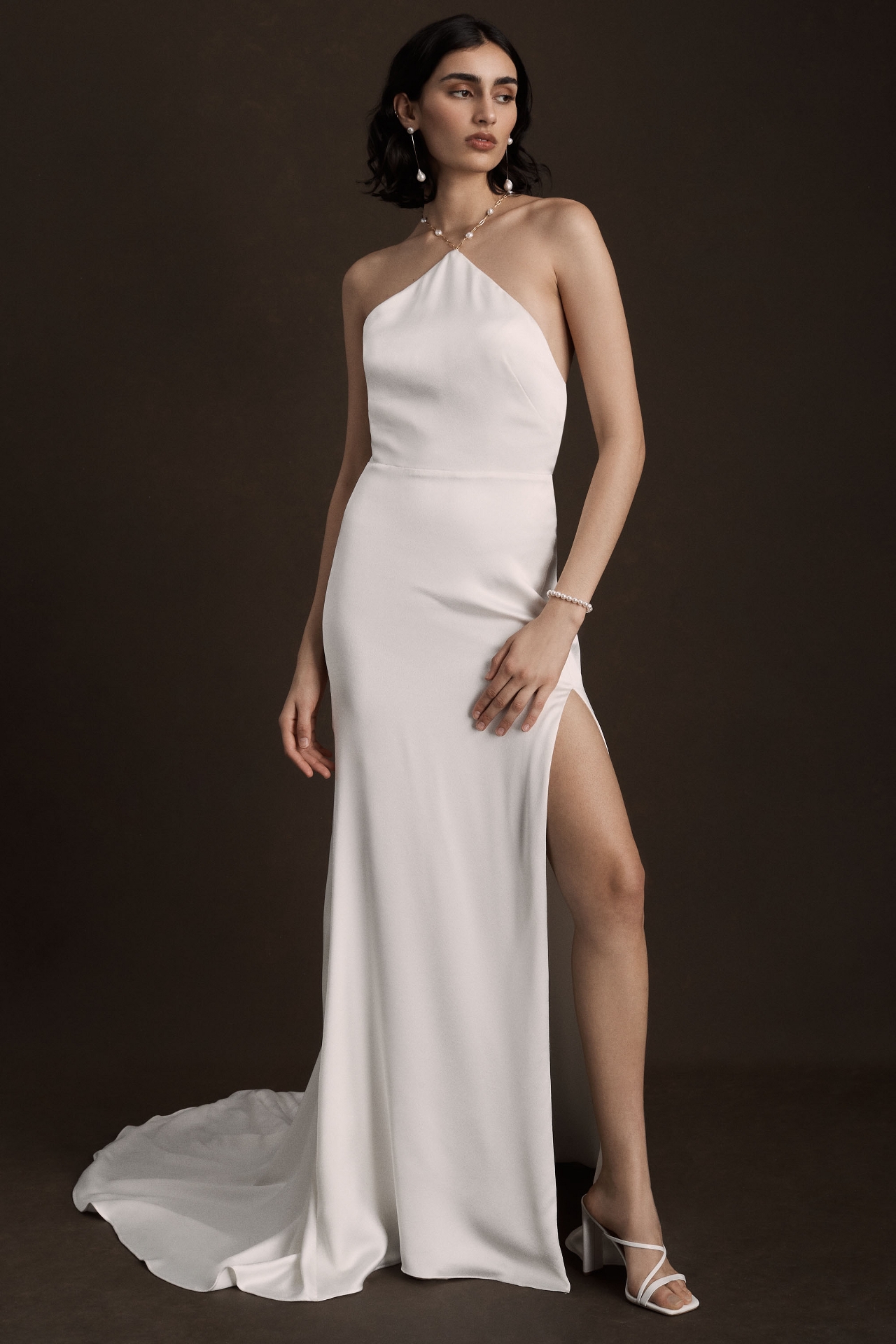 Jenny Yoo Pearl Satin Fit & Flare Halter Wedding Gown