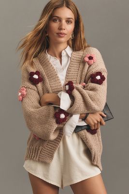 By Anthropologie The Susannah 3d Flower Cardigan Sweater In Brown