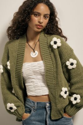 Anthropologie By  Chunky 3d Floral Knit Cardigan In Green
