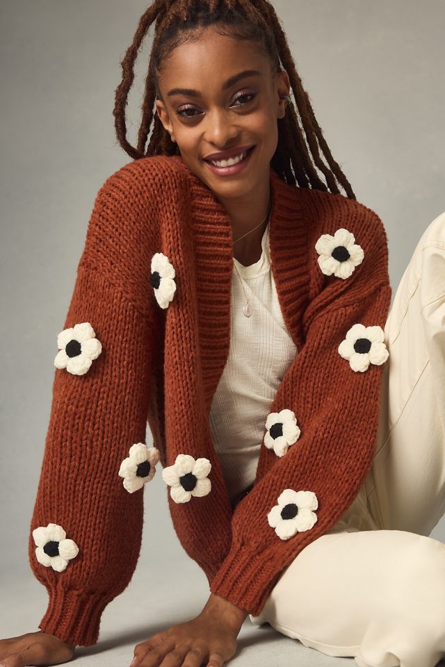 By Anthropologie Chunky 3D Floral Knit Cardigan