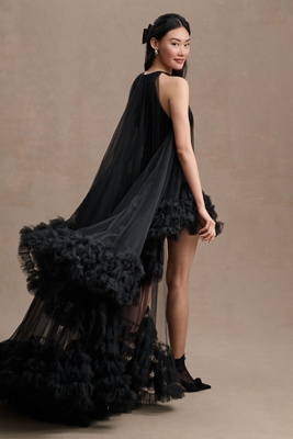 Mac Duggal Tulle High Neck Sleeveless Ruffled Hem Hi-lo Gown In Black