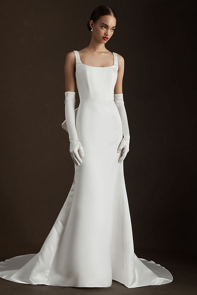 Wtoo by Watters Laurie Square-Neck Bow Satin Wedding Gown