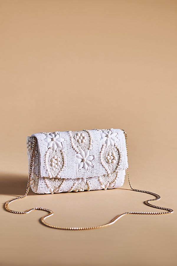 By Anthropologie Beaded Floral Clutch In White
