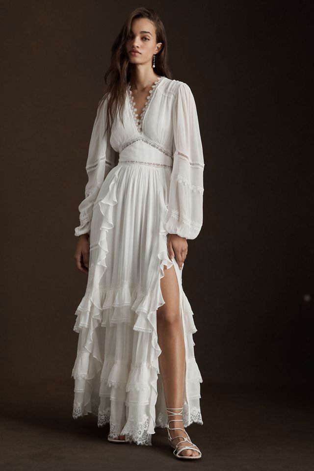 Rococo Sand Mia Ruffled Lace Long-Sleeve V-Neck Gown | Anthropologie