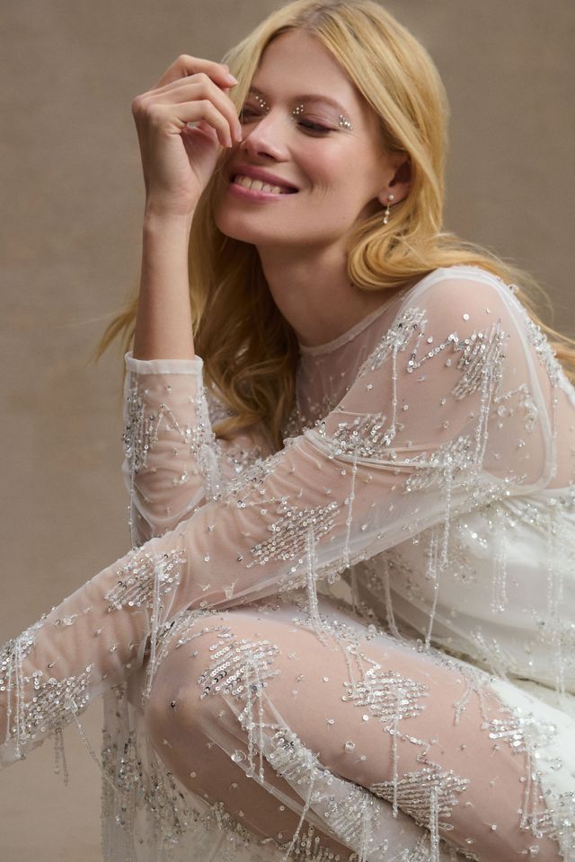 BHLDN Wilhemina Sheer Long-Sleeve Sweetheart Column Gown #2