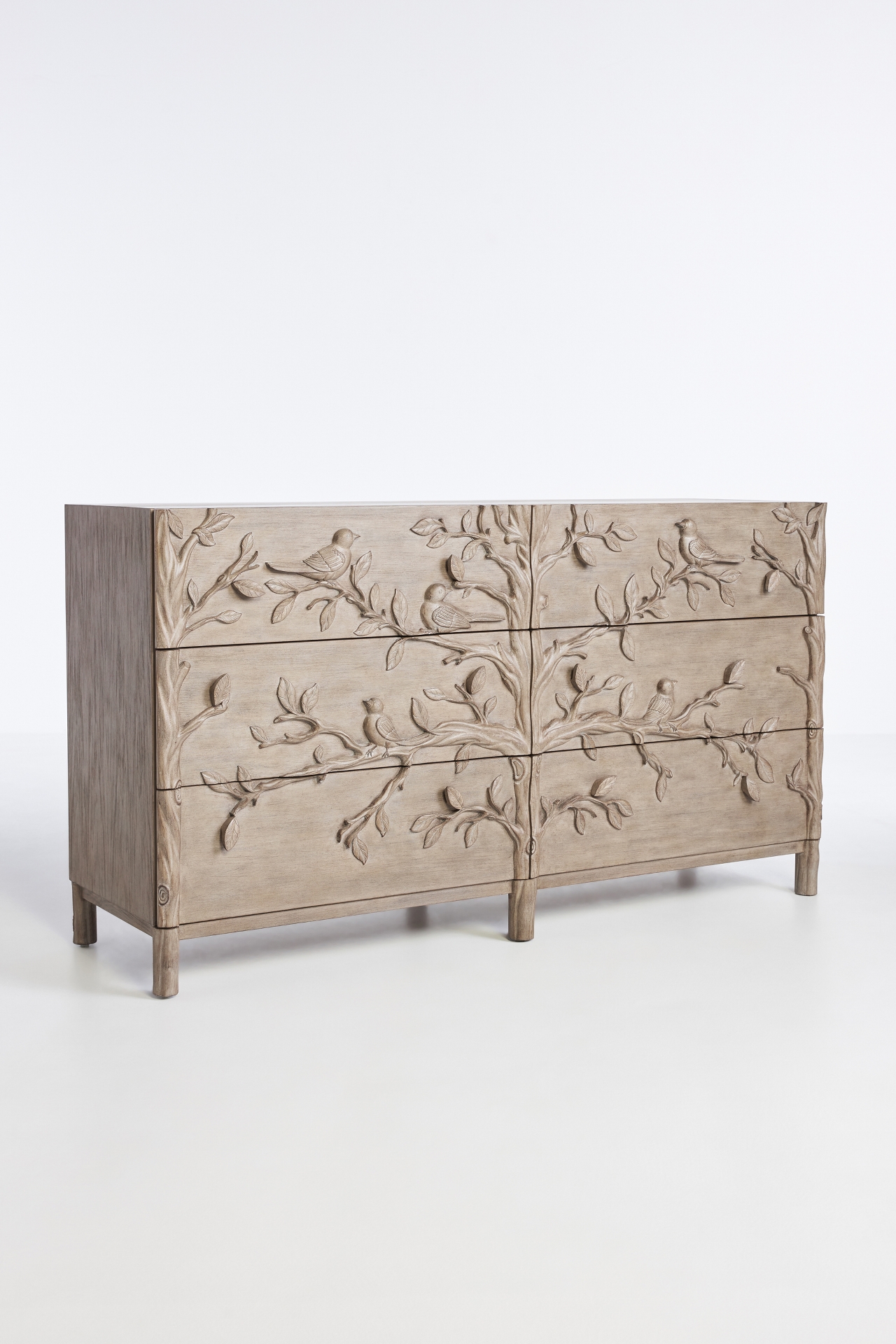 Handcarved Ornithology Six-Drawer Dresser