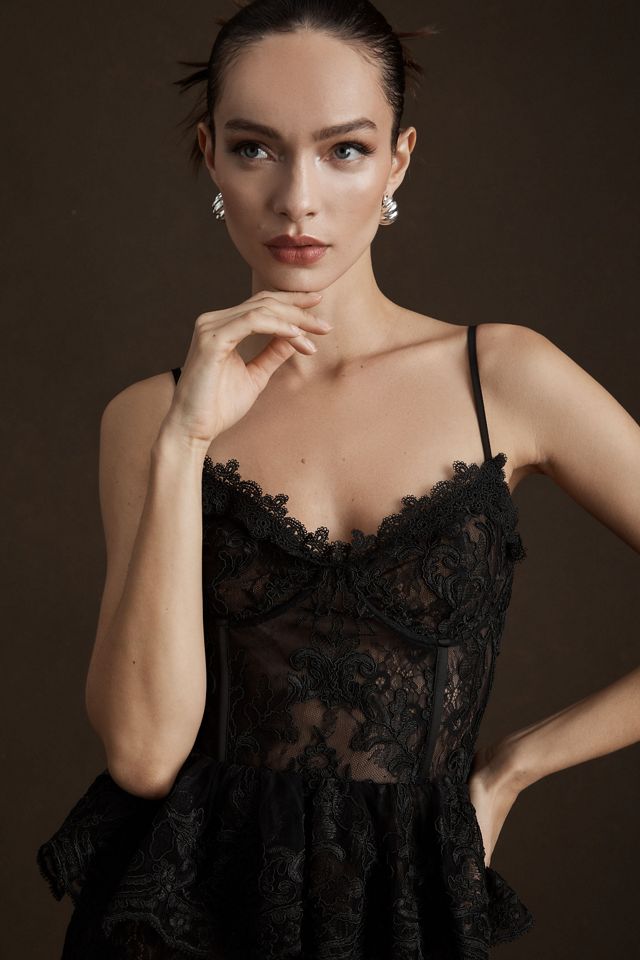 V. Chapman Ophilia Ruffled Peplum Front-Slit Lace Corset Gown #3