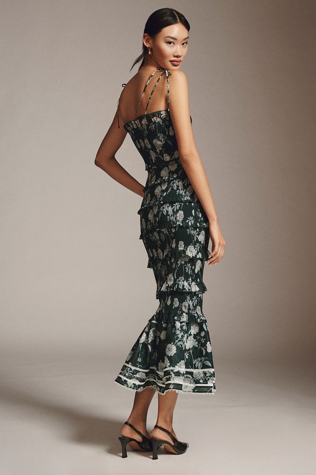 V. Chapman Geranium Ruched & Ruffled Flounce-Hem Stretch Midi Dress #1