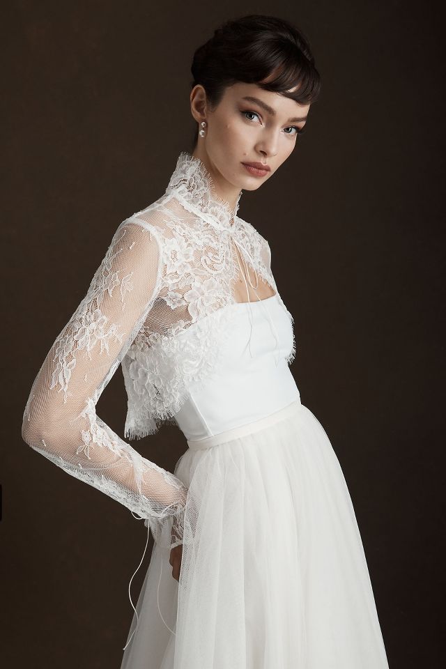 Charlotte - Long sleeve wool and silk top with neckline in precious leavers  lace