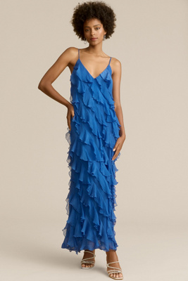 BHLDN Jia Bias-Cut Ruffled V-Neck Gown