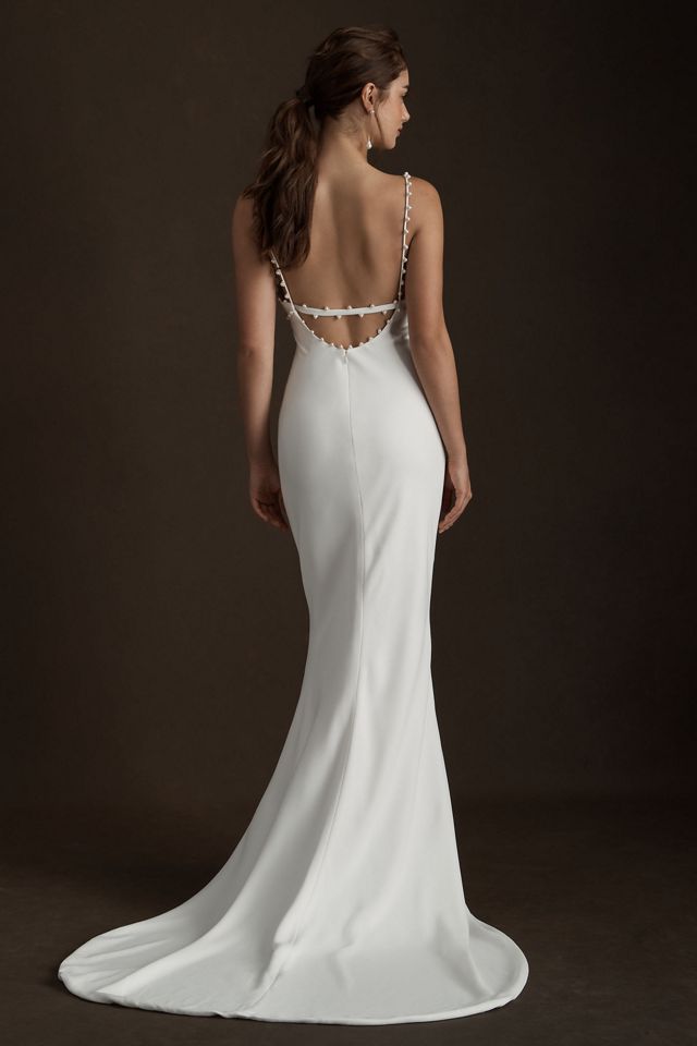 Savannah Miller Dora Pearl-Trimmed V-Neck Crepe Wedding Gown #1