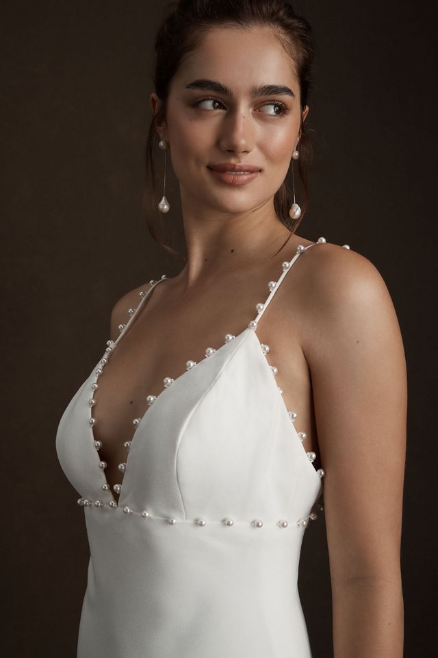 Savannah Miller Dora Pearl-Trimmed V-Neck Crepe Wedding Gown #2