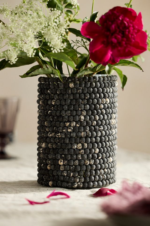 Beaded Wood + Glass Vase #1