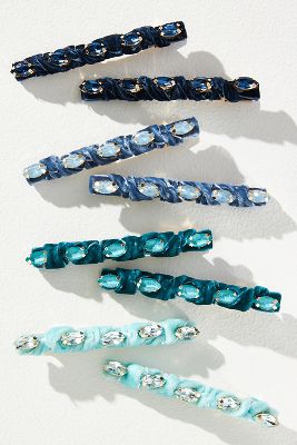 By Anthropologie Crystal & Velvet Hair Clips, Set Of 4 In Blue